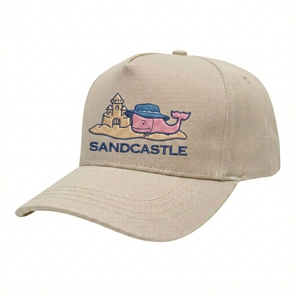 USA-made 5S Putty Domestic Twill baseball cap, decorated view, manufactured in Newark NJ