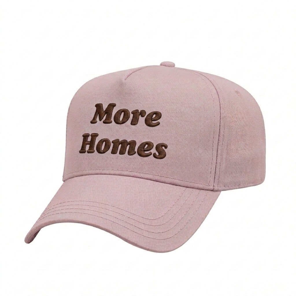 USA-made 5L Pink Organic Twill baseball cap, decorated view, manufactured in Newark NJ