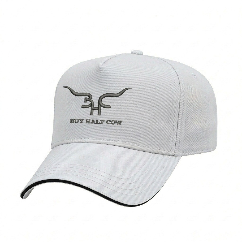 USA-made 5L White-Black Organic Twill baseball cap, decorated view, manufactured in Newark NJ