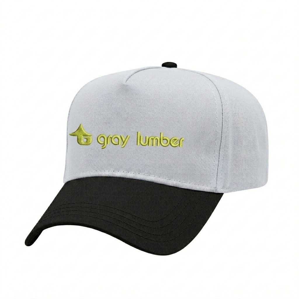 USA-made 5L White-Black Organic Twill baseball cap, decorated view, manufactured in Newark NJ