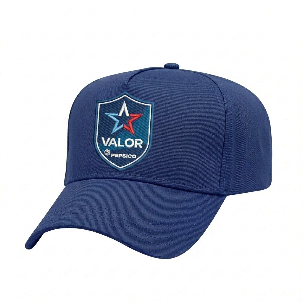 USA-made 5L Royal Blue Organic Twill baseball cap, decorated view, manufactured in Newark NJ