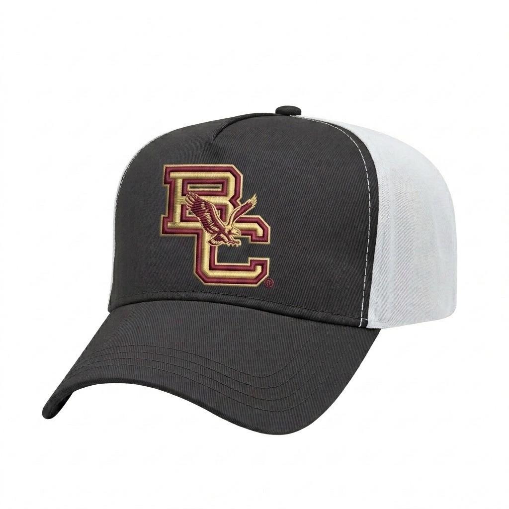 USA-made 5L Dark Gray-White Organic Twill baseball cap, decorated view, manufactured in Newark NJ