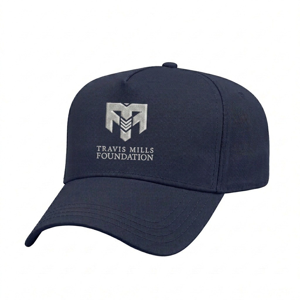 USA-made 5L Navy Organic Twill baseball cap, decorated view, manufactured in Newark NJ