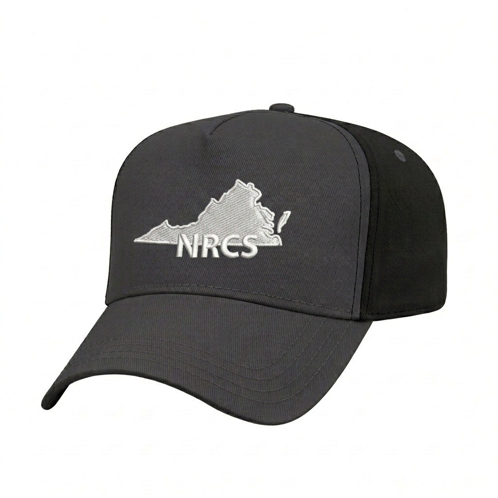 USA-made 5L Dark Gray-Black Organic Twill baseball cap, decorated view, manufactured in Newark NJ