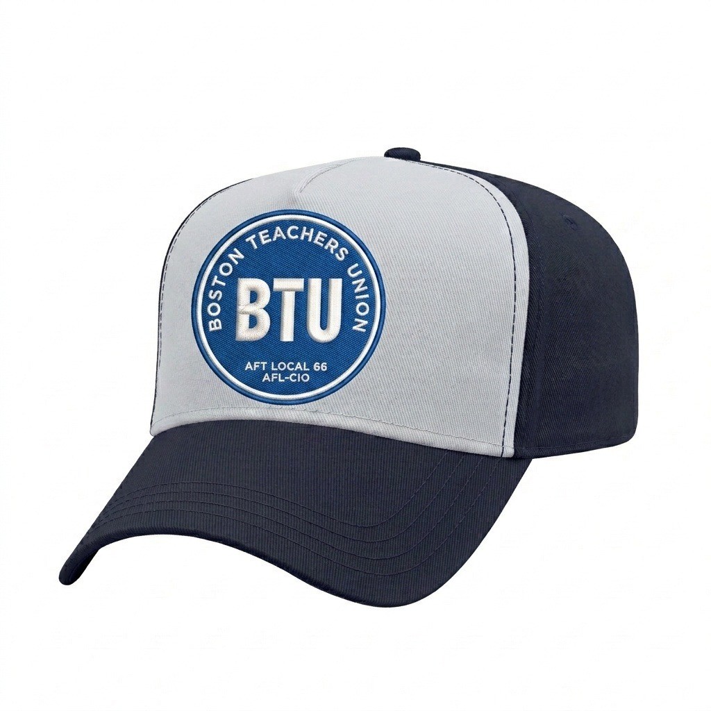 USA-made 5L White-Navy Organic Twill baseball cap, decorated view, manufactured in Newark NJ