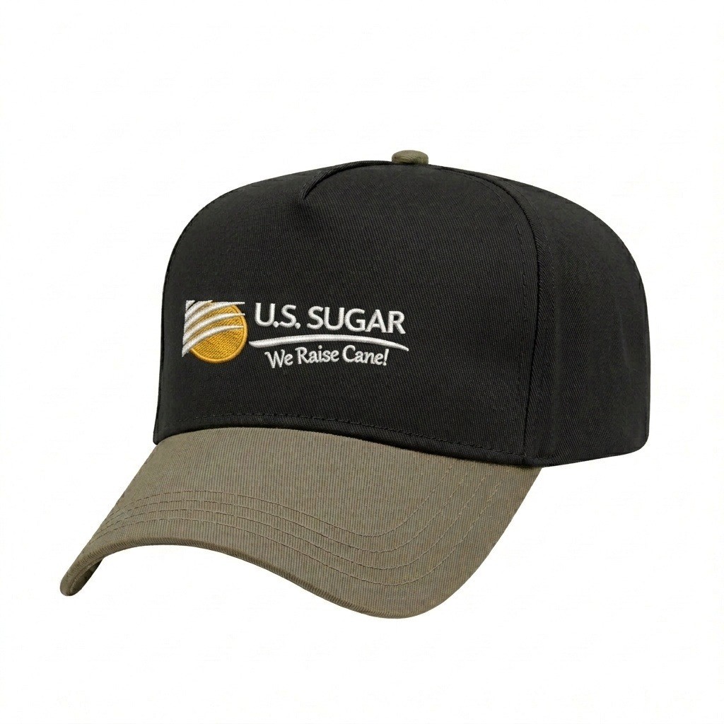 USA-made 5L Black-Khaki Organic Twill baseball cap, decorated view, manufactured in Newark NJ