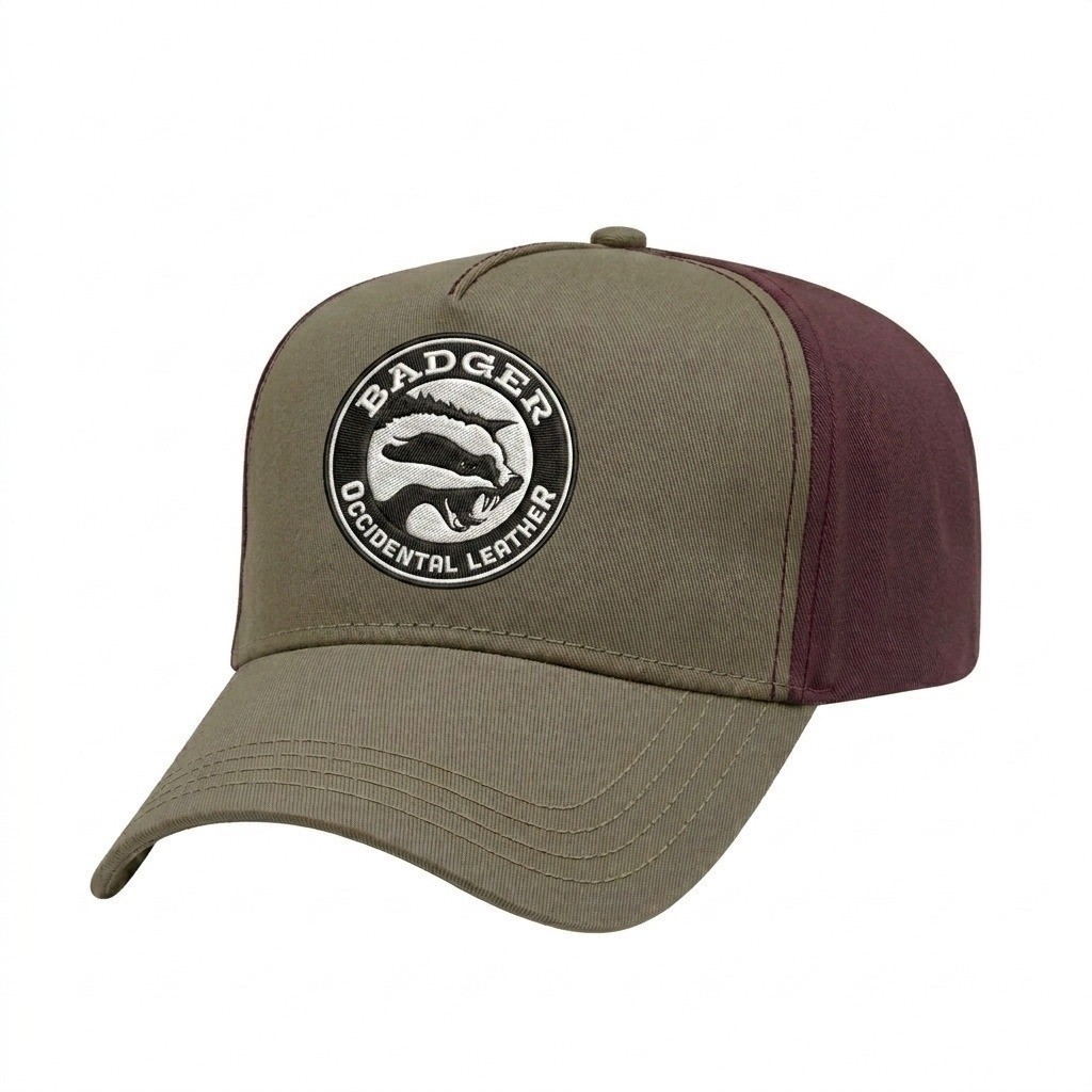 USA-made 5L Khaki-Burgundy Organic Twill baseball cap, decorated view, manufactured in Newark NJ