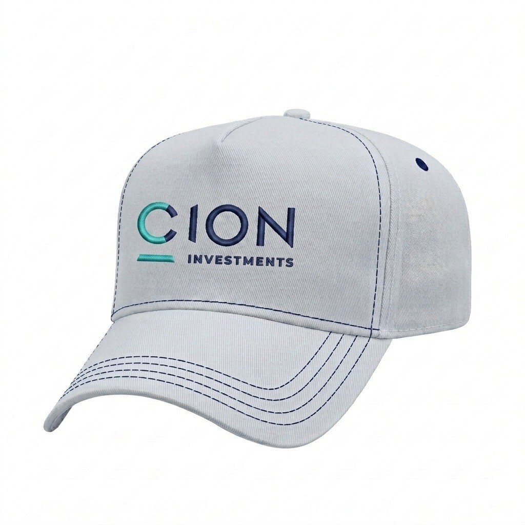 USA-made 5L White-Royal Blue Organic Twill baseball cap, decorated view, manufactured in Newark NJ