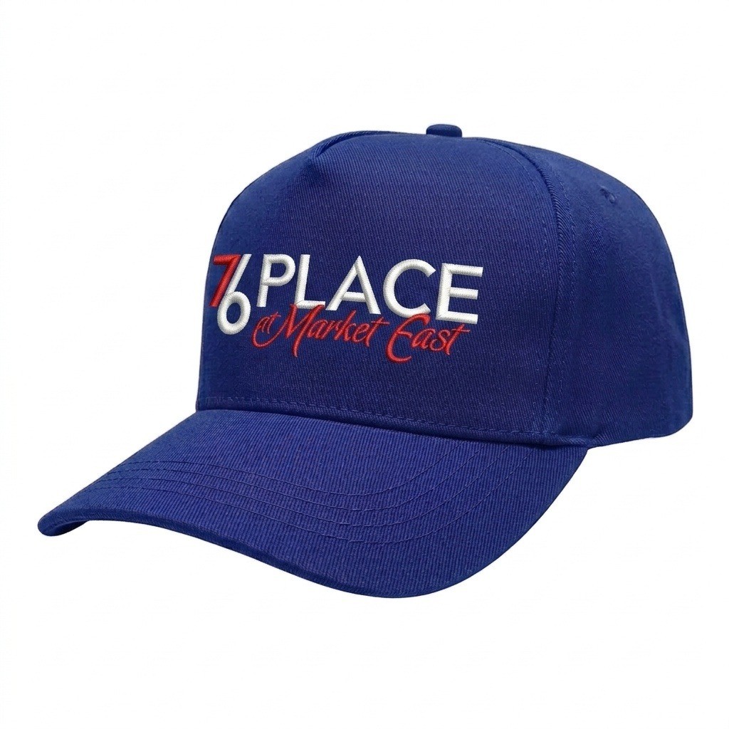 USA-made 5S Royal Blue Organic Twill baseball cap, decorated view, manufactured in Newark NJ