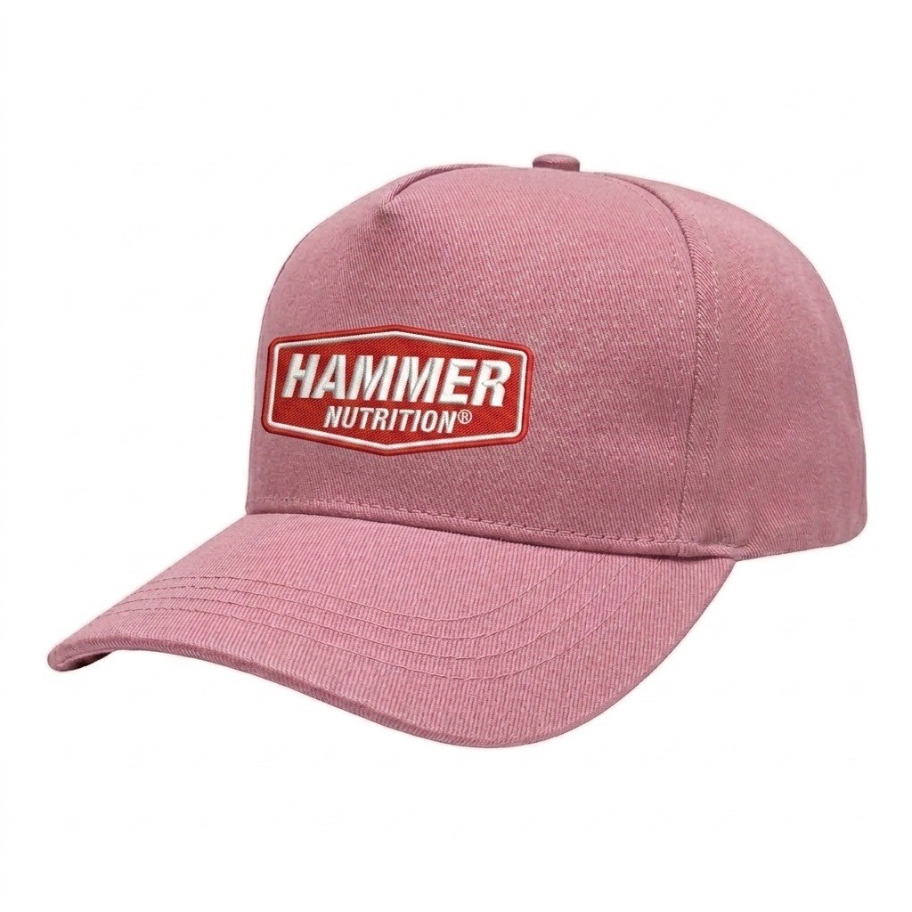 USA-made 5S Pink Organic Twill baseball cap, decorated view, manufactured in Newark NJ
