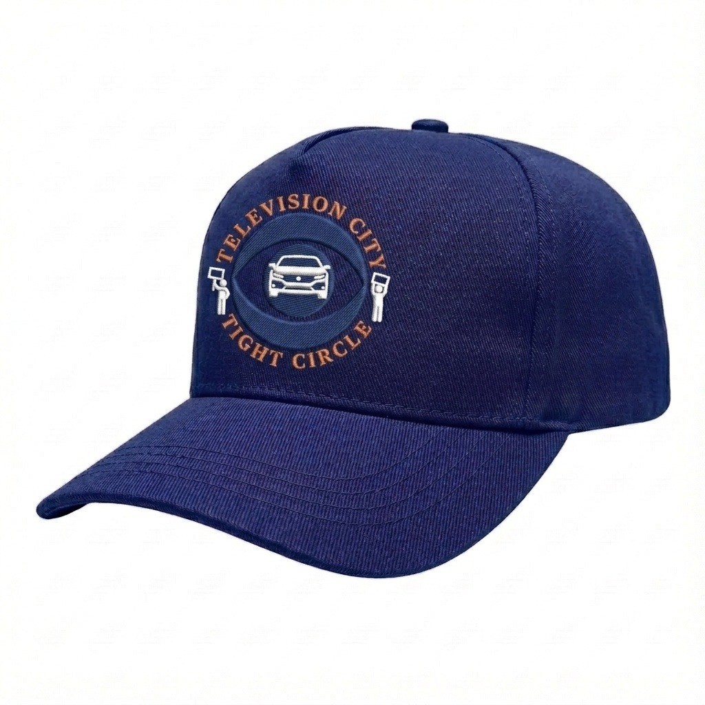 USA-made 5S Royal Blue Organic Twill baseball cap, decorated view, manufactured in Newark NJ