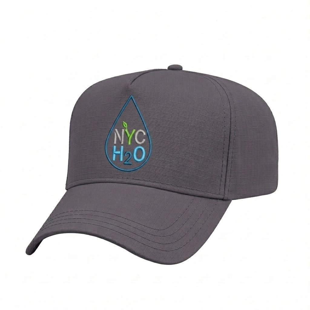 USA-made 5L Dark Gray Ripstop baseball cap, decorated view, manufactured in Newark NJ