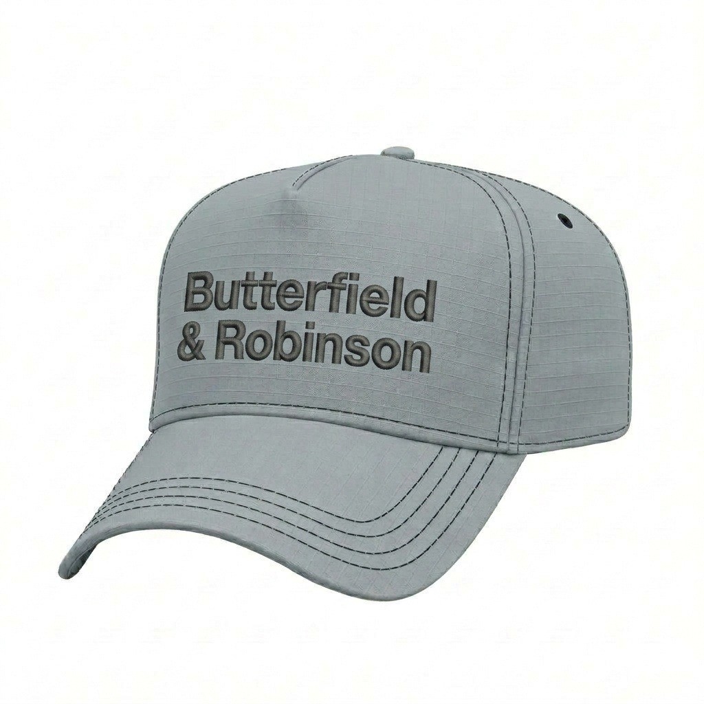 USA-made 5L Light Gray-Black Ripstop baseball cap, decorated view, manufactured in Newark NJ