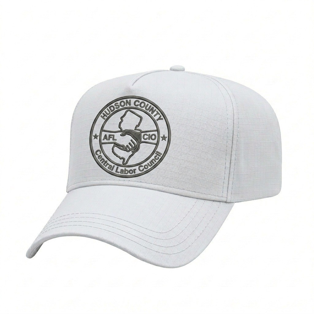 USA-made 5L White Ripstop baseball cap, decorated view, manufactured in Newark NJ