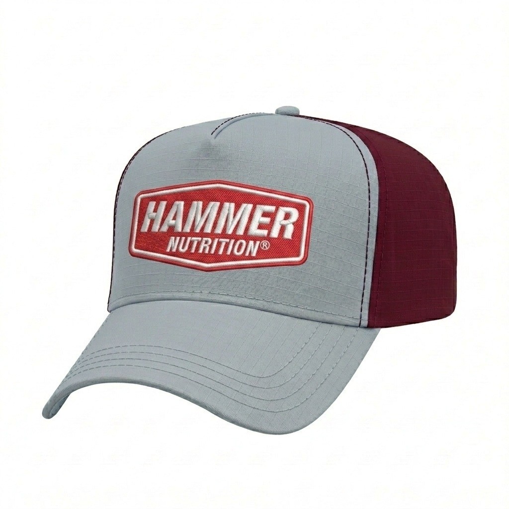 USA-made 5L Light Gray-Burgundy Ripstop baseball cap, decorated view, manufactured in Newark NJ