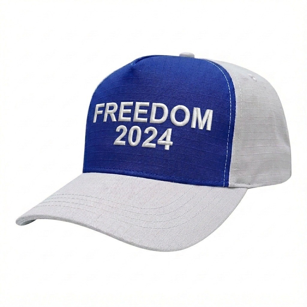 USA-made 5S Royal Blue-White Ripstop baseball cap, decorated view, manufactured in Newark NJ