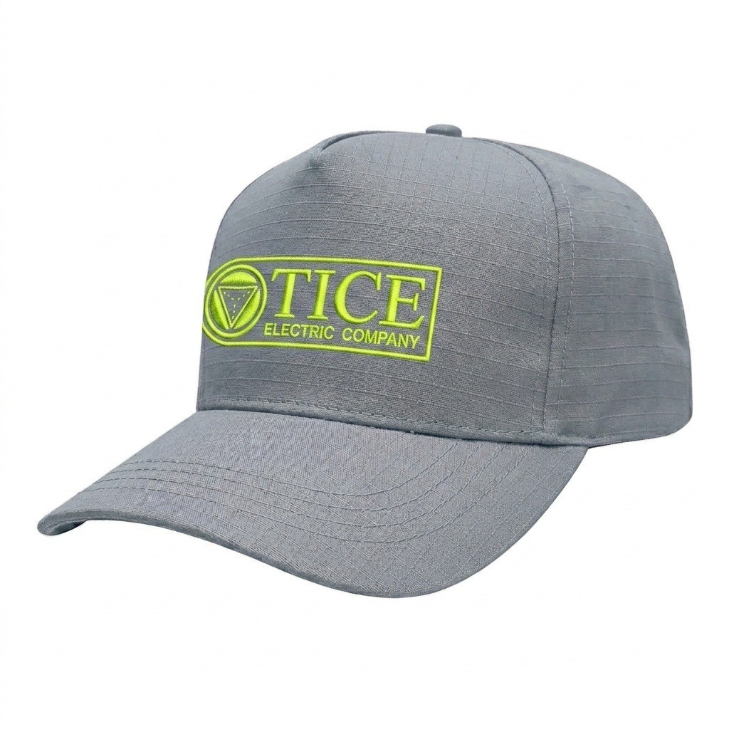 USA-made 5S Light Gray Ripstop baseball cap, decorated view, manufactured in Newark NJ