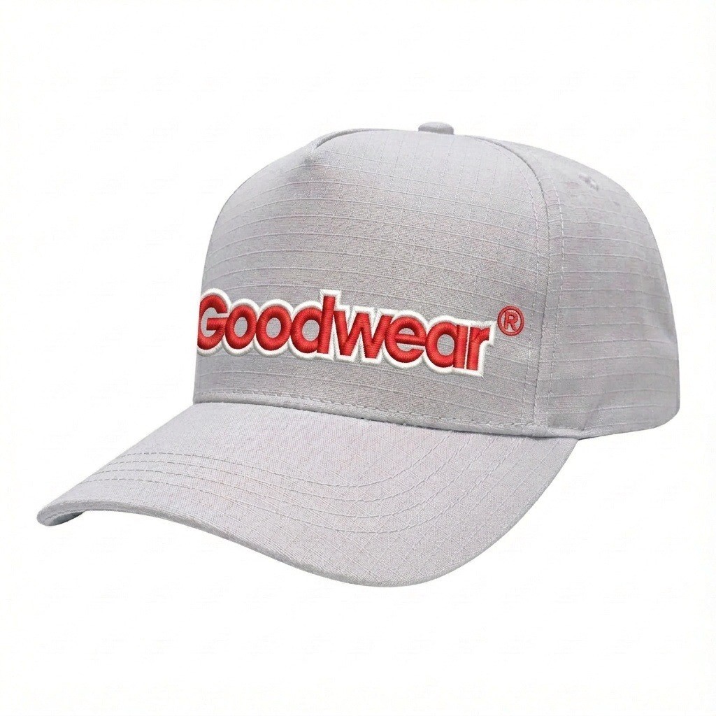 USA-made 5S White Ripstop baseball cap, decorated view, manufactured in Newark NJ