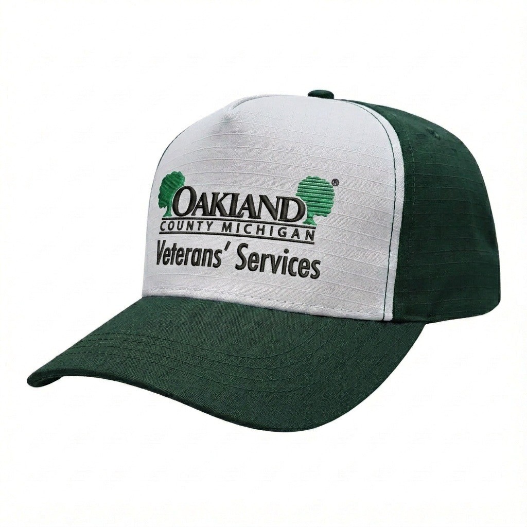 USA-made 5S White-Hunter Green Ripstop baseball cap, decorated view, manufactured in Newark NJ