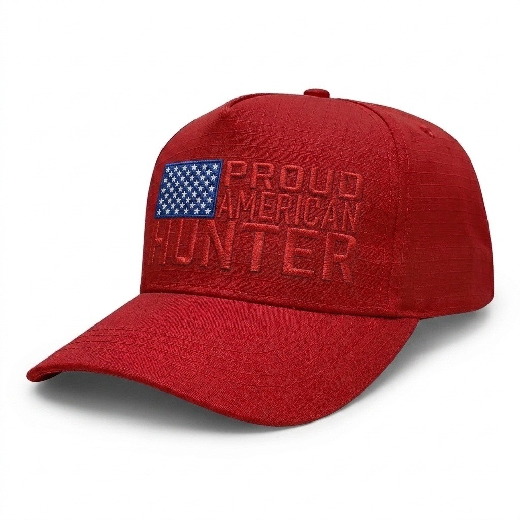 USA-made 5S Red Ripstop baseball cap, decorated view, manufactured in Newark NJ