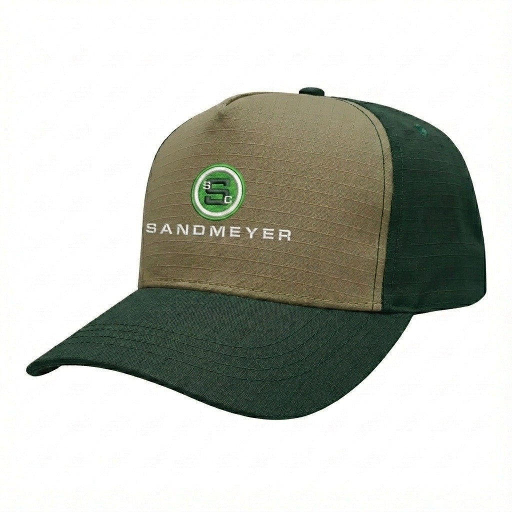 USA-made 5S Khaki-Hunter Green Ripstop baseball cap, decorated view, manufactured in Newark NJ