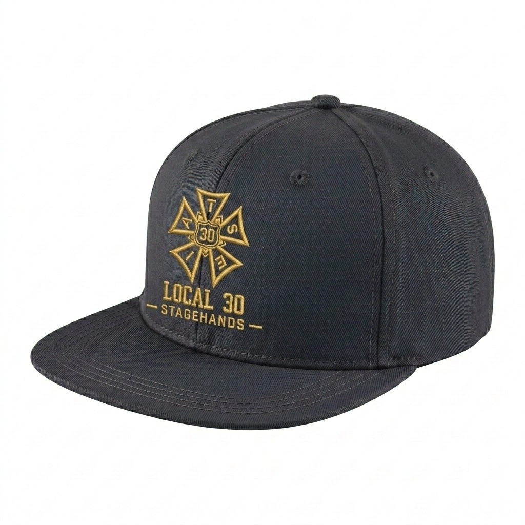 USA-made 6H Dark Gray Chino baseball cap, decorated view, manufactured in Newark NJ