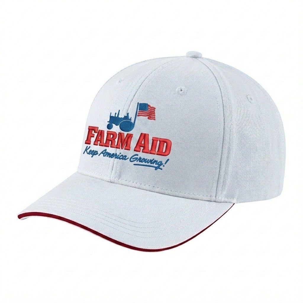 USA-made 6H White-Red Chino baseball cap, decorated view, manufactured in Newark NJ