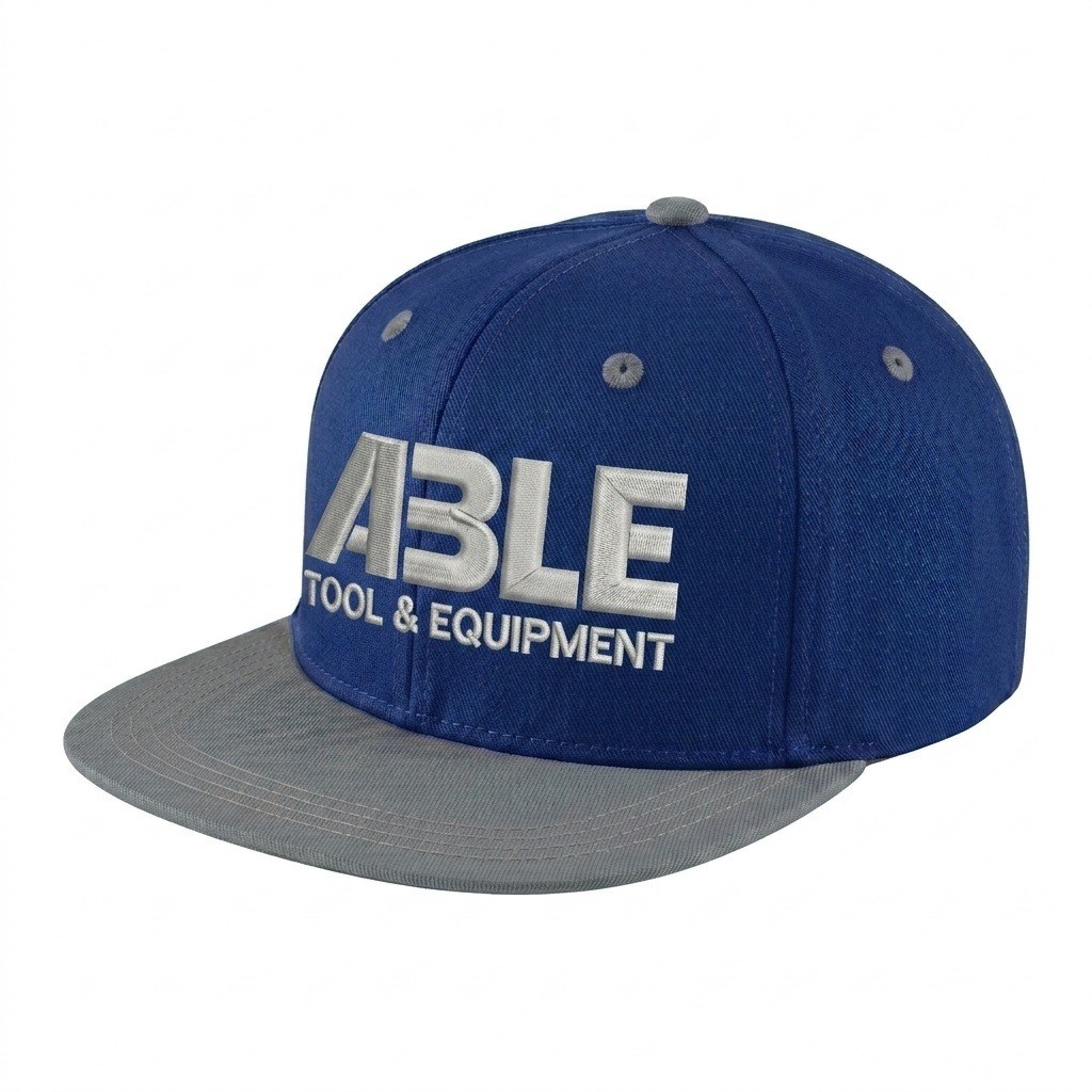 USA-made 6H Royal Blue-Light Gray Chino baseball cap, decorated view, manufactured in Newark NJ