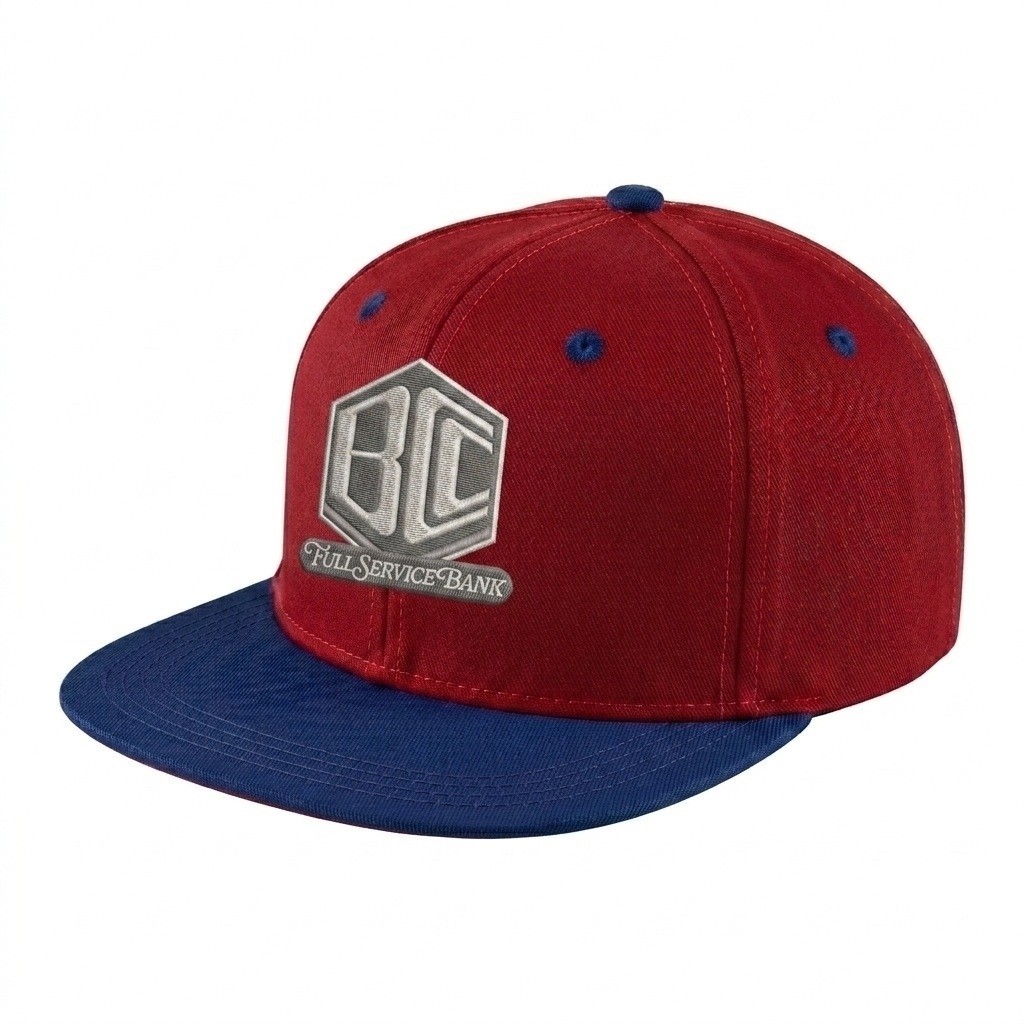 USA-made 6H Red-Royal Blue Chino baseball cap, decorated view, manufactured in Newark NJ