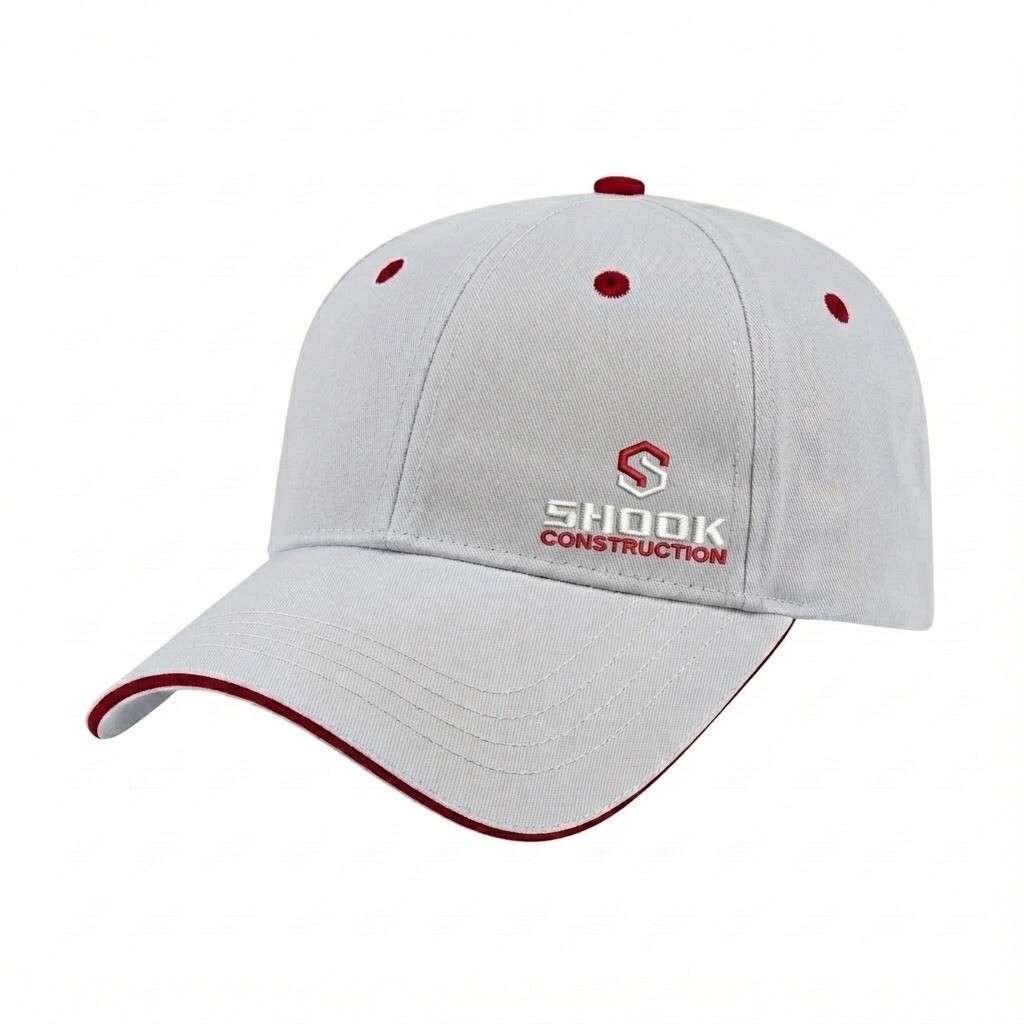 USA-made 6L White-Red Chino baseball cap, decorated view, manufactured in Newark NJ