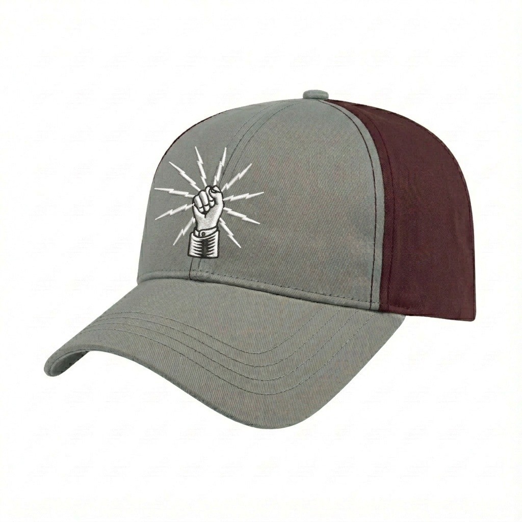 USA-made 6L Light Gray-Burgundy Chino baseball cap, decorated view, manufactured in Newark NJ