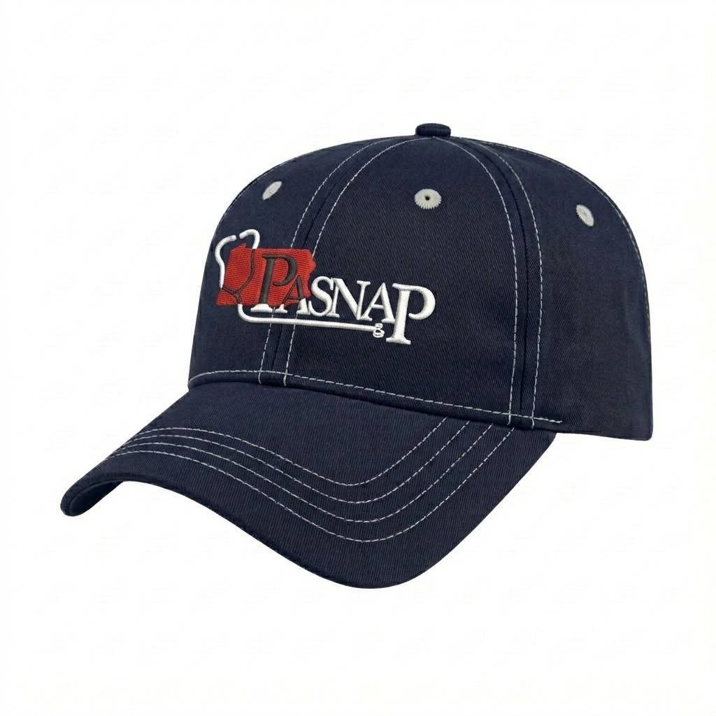 USA-made 6L Navy-White Chino baseball cap, decorated view, manufactured in Newark NJ