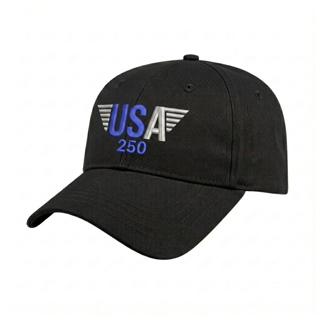 USA-made 6L Black Chino baseball cap, decorated view, manufactured in Newark NJ