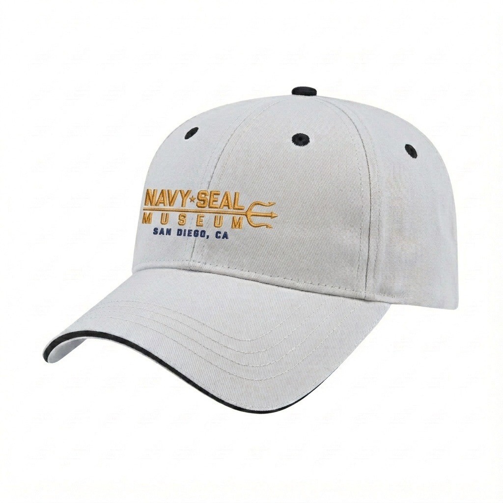 USA-made 6L White-Black Chino baseball cap, decorated view, manufactured in Newark NJ