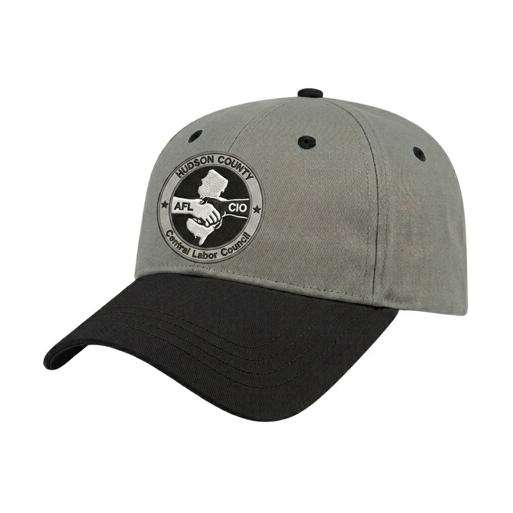 USA-made 6L Light Gray-Black Chino baseball cap, decorated view, manufactured in Newark NJ