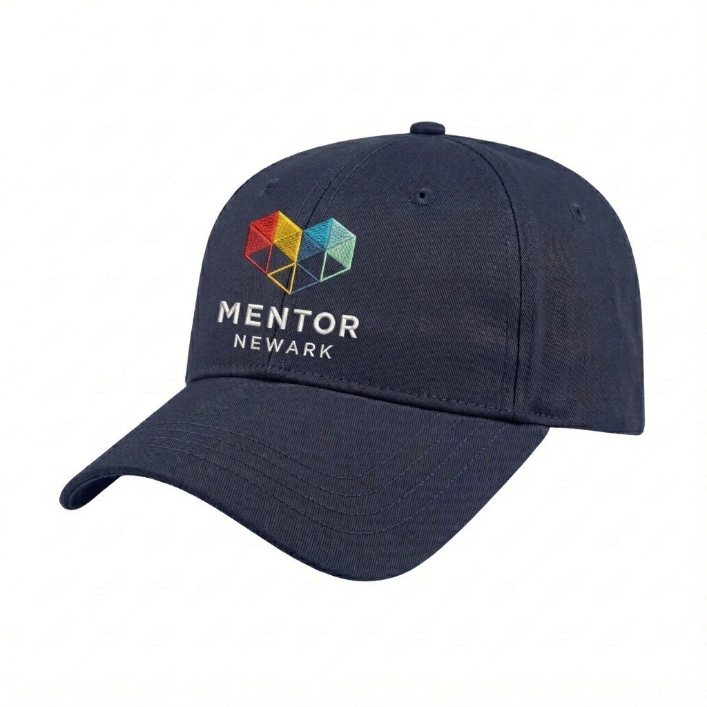 USA-made 6L Navy Chino baseball cap, decorated view, manufactured in Newark NJ