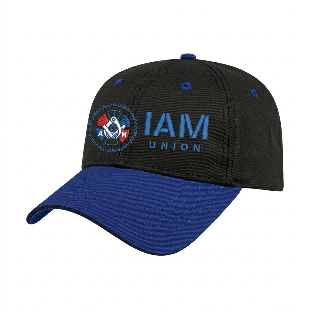 USA-made 6L Black-Royal Blue Chino baseball cap, decorated view, manufactured in Newark NJ