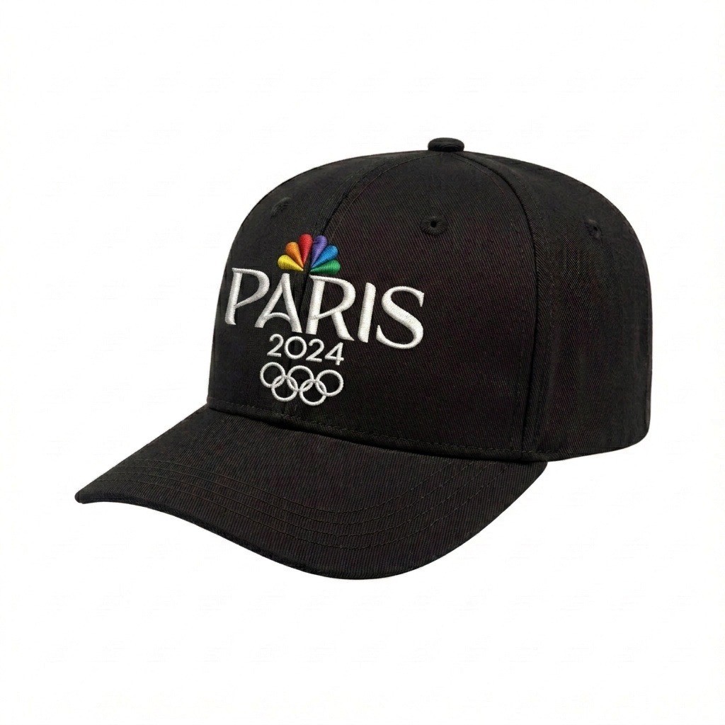USA-made 6S Black Chino baseball cap, decorated view, manufactured in Newark NJ