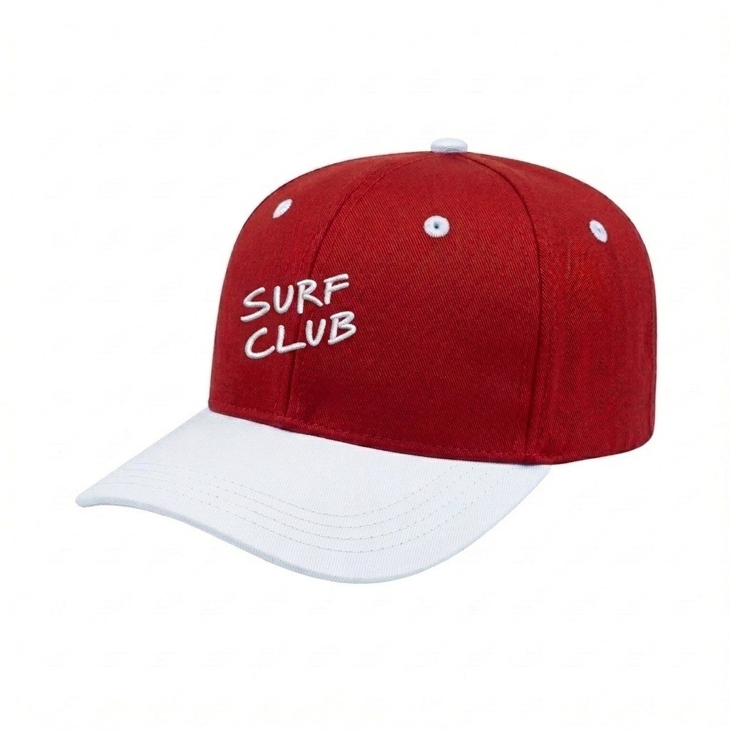 USA-made 6S Red-White Chino baseball cap, decorated view, manufactured in Newark NJ