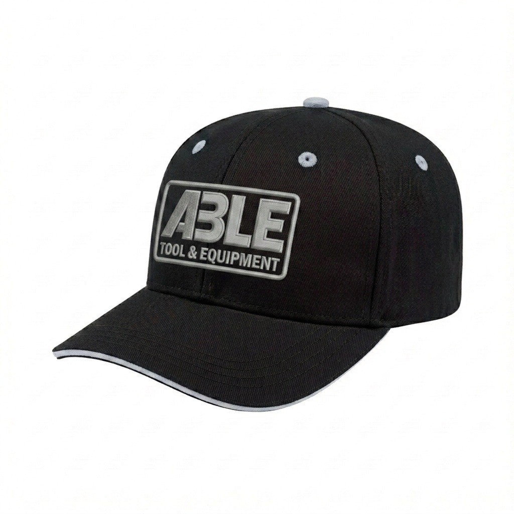 USA-made 6S Black-White Chino baseball cap, decorated view, manufactured in Newark NJ