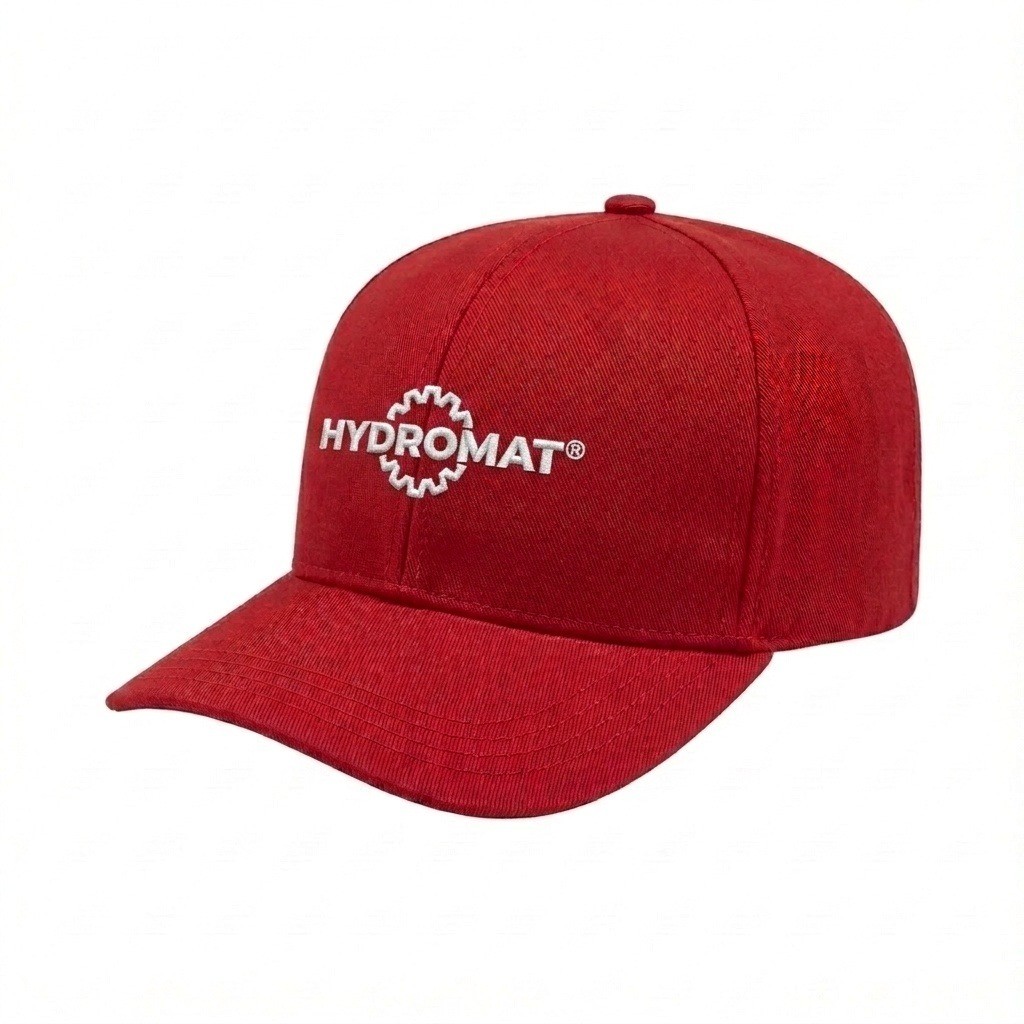 USA-made 6S Red Chino baseball cap, decorated view, manufactured in Newark NJ