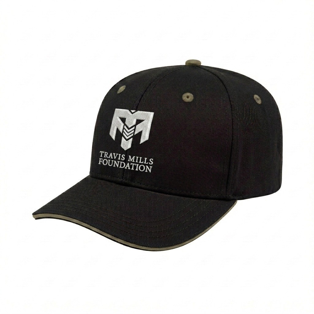 USA-made 6S Black-Khaki Chino baseball cap, decorated view, manufactured in Newark NJ