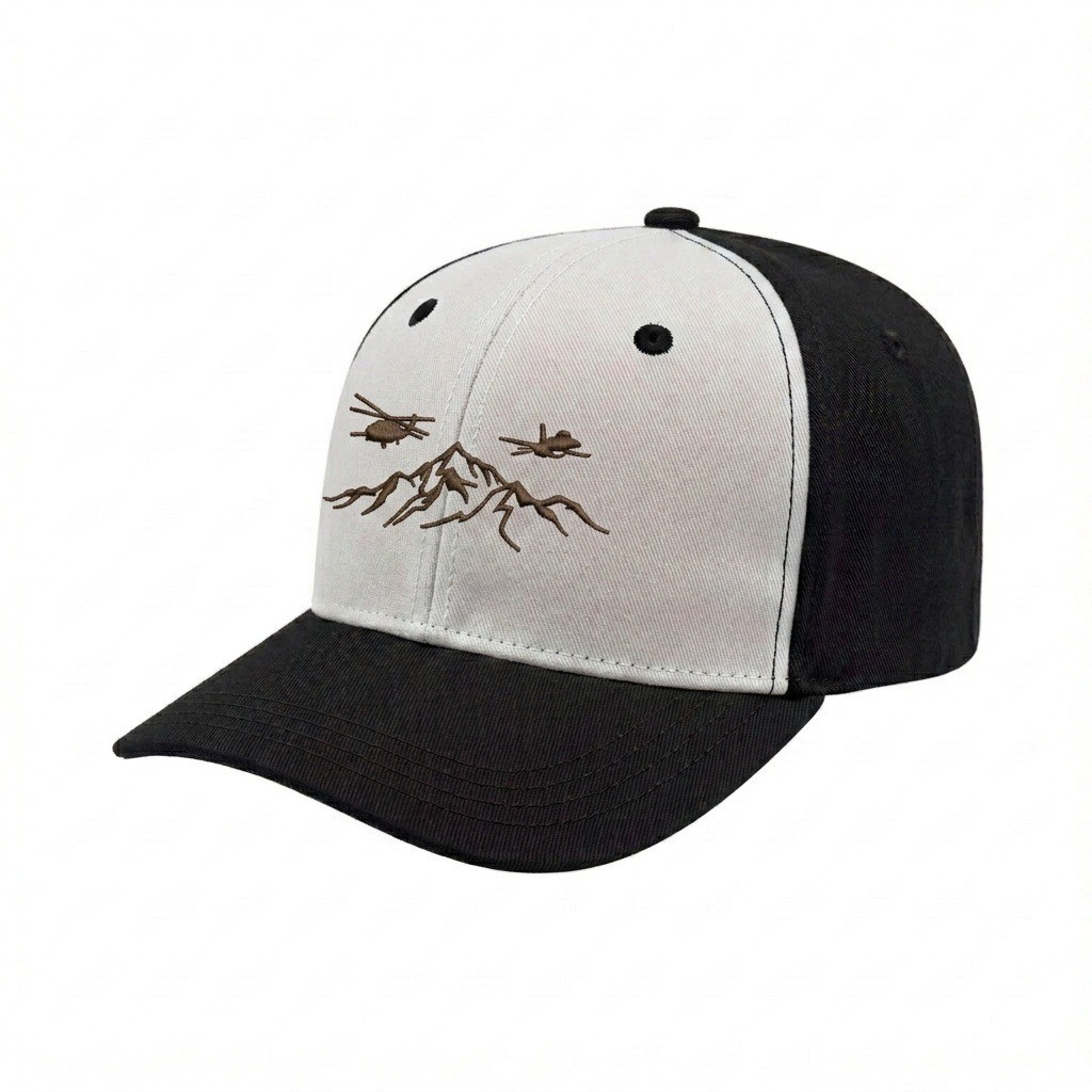 USA-made 6S White-Black Chino baseball cap, decorated view, manufactured in Newark NJ