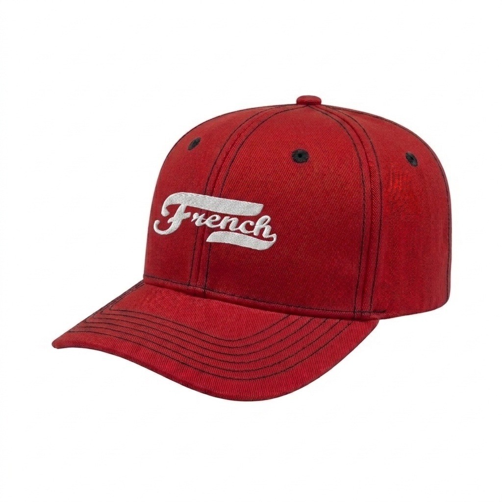 USA-made 6S Red-Black Chino baseball cap, decorated view, manufactured in Newark NJ