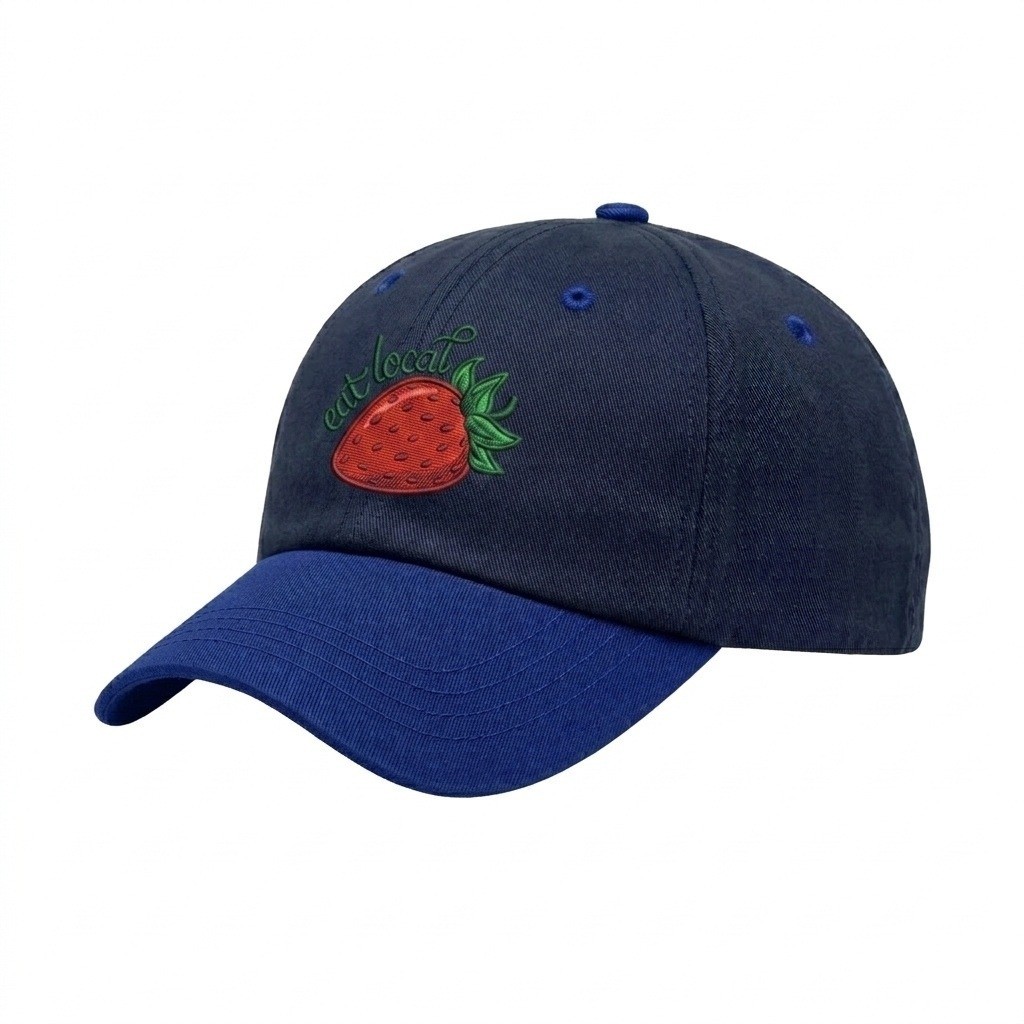USA-made 6U Navy-Royal Blue Chino baseball cap, decorated view, manufactured in Newark NJ