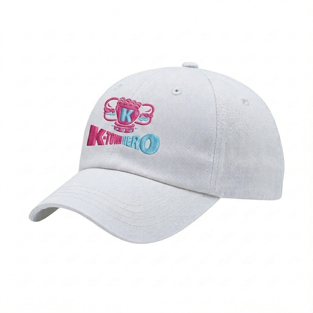 USA-made 6U White Chino baseball cap, decorated view, manufactured in Newark NJ