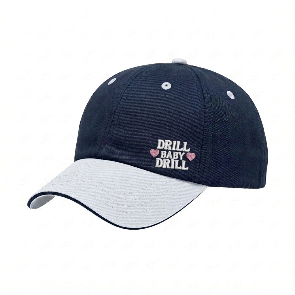USA-made 6U Navy-White Chino baseball cap, decorated view, manufactured in Newark NJ