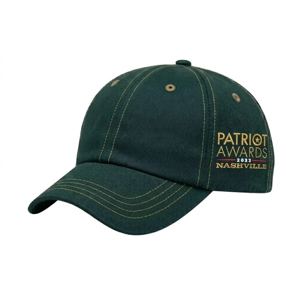 USA-made 6U Hunter Green-Khaki Chino baseball cap, decorated view, manufactured in Newark NJ