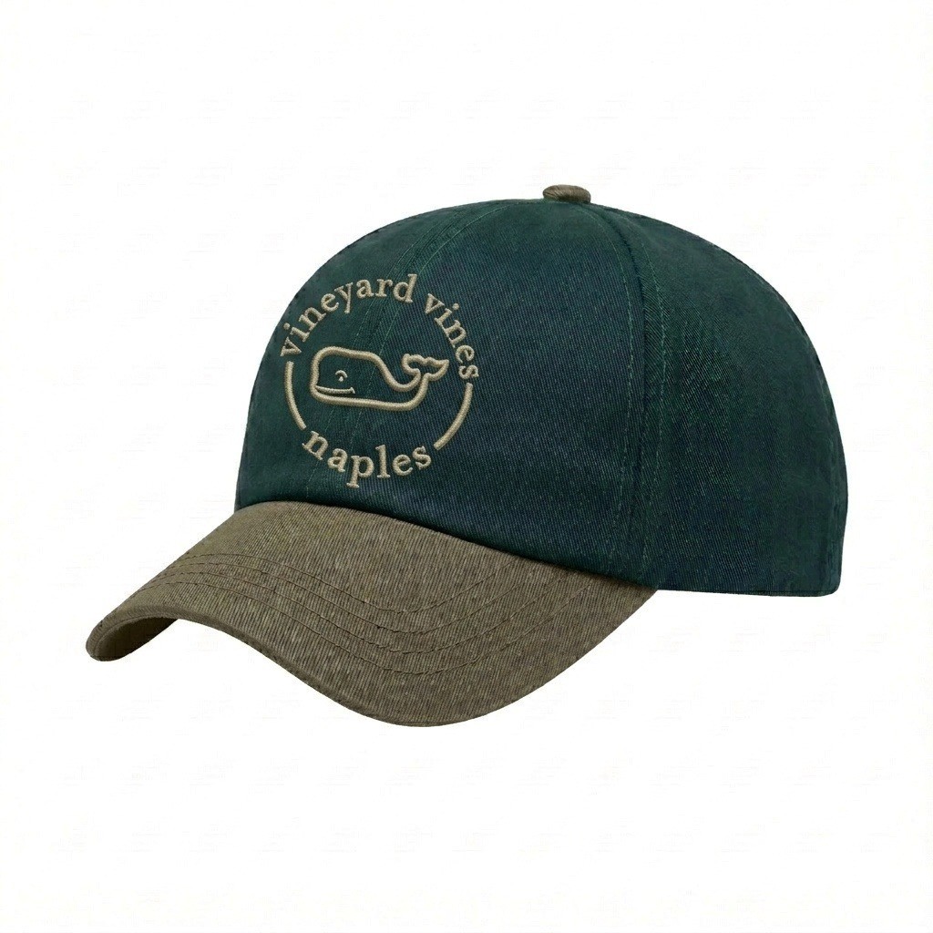 USA-made 6U Hunter Green-Khaki Chino baseball cap, decorated view, manufactured in Newark NJ