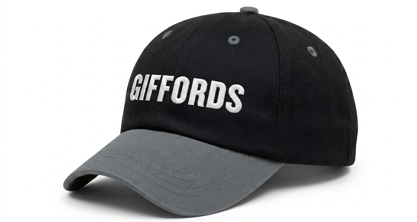USA-made 6U Black-Light Gray Chino baseball cap, decorated view, manufactured in Newark NJ